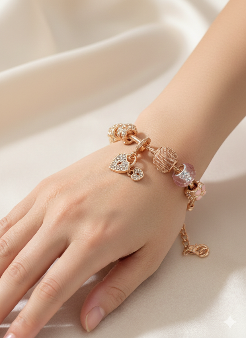 Trendy 18k Gold Plated Stainless steel Chain Alloy Charms Lover Heart Flower Clover Crystal CZ Women's Bracelet