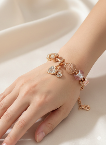 Trendy 18k Gold Plated Stainless steel Chain Alloy Charms Lover Heart Flower Clover Crystal CZ Women's Bracelet
