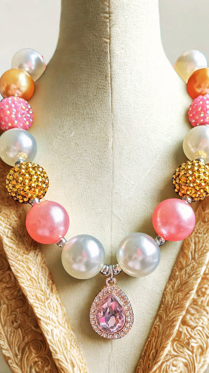 Pink Pearl Bubble Bead Necklace with Crystal Teardrop Pendant – Statement Chunky Fashion Jewelry - RizQ Life 