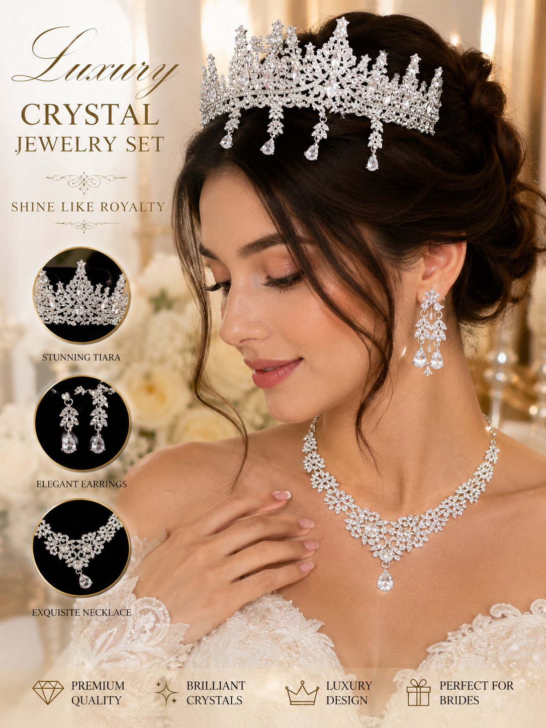 Luxury Crystal Bridal Jewelry Set with Tiara Crown, Necklace & Earrings – Silver Rhinestone Wedding Accessories