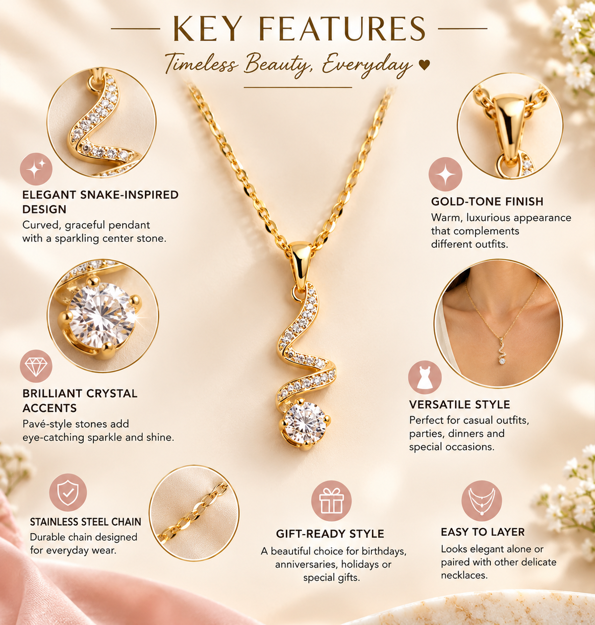 18K Gold Plated Stainless Steel Cubic Zirconia Pendant Necklace | Waterproof & Tarnish-Resistant Dainty Jewelry
