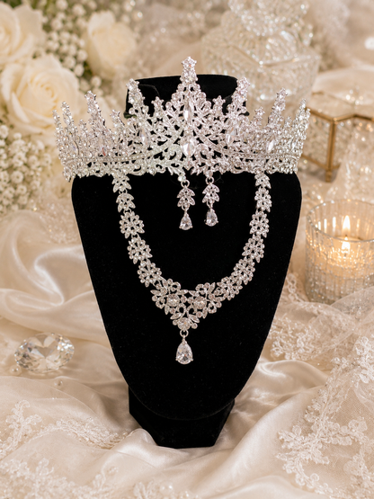 Luxury Crystal Bridal Jewelry Set with Tiara Crown, Necklace & Earrings – Silver Rhinestone Wedding Accessories