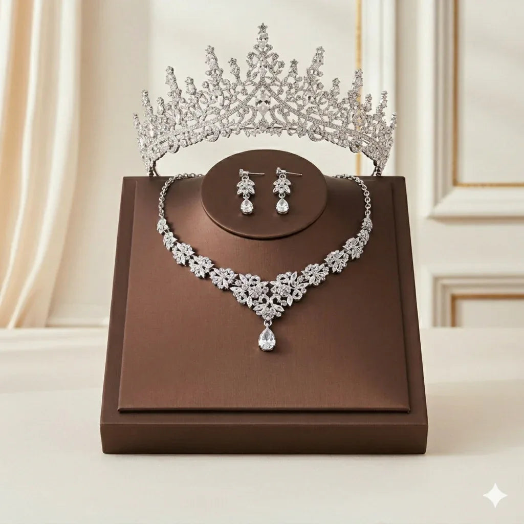 High End Luxury Crown Necklace Earrings set For Bride, Weeding Dress Jewelry, Weeding Necklace, Weeding Jewelry High End Grand