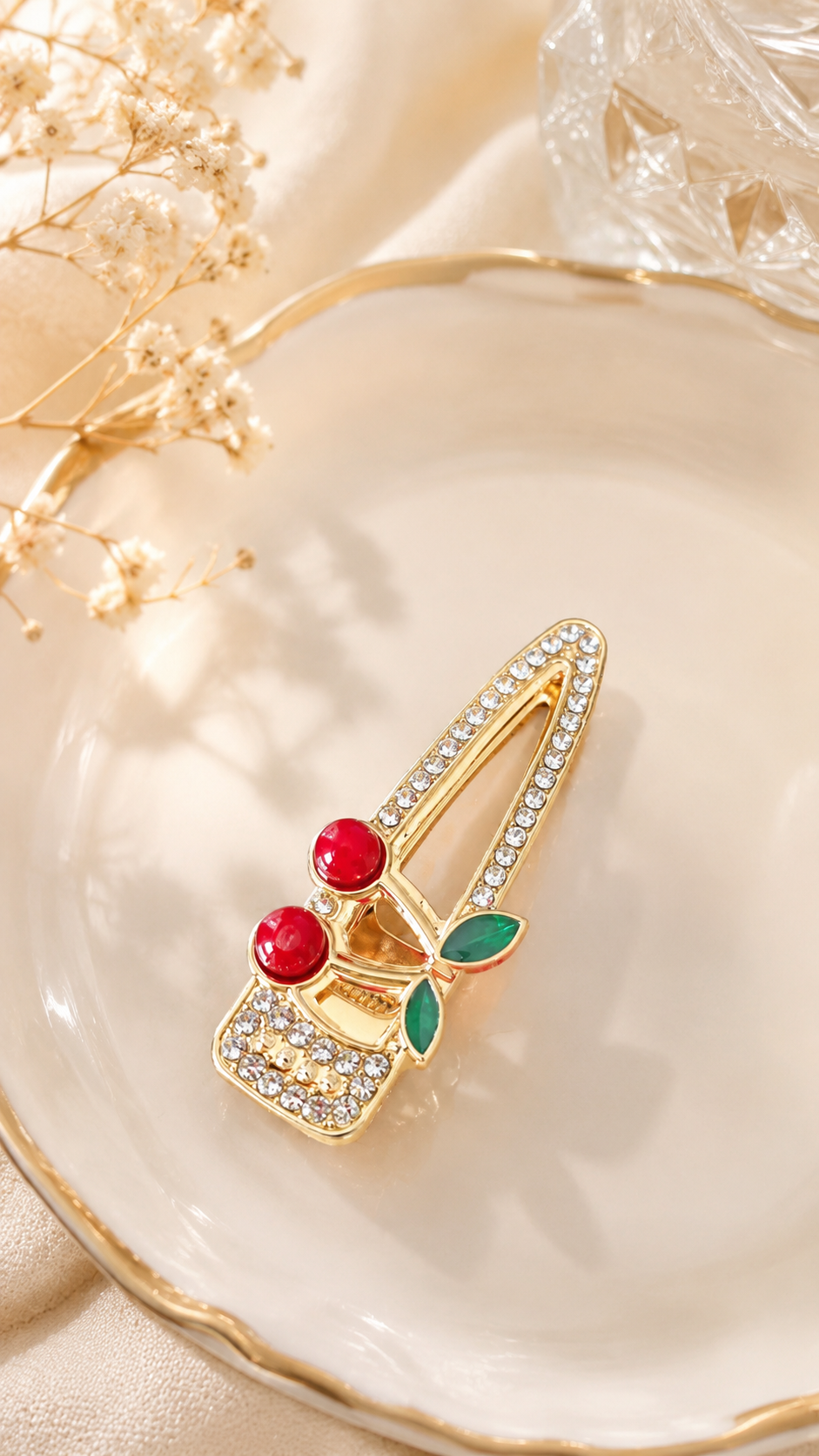 Gold Tone Rhinestone Cherry Hair Clip Set – Stylish Hair Accessories