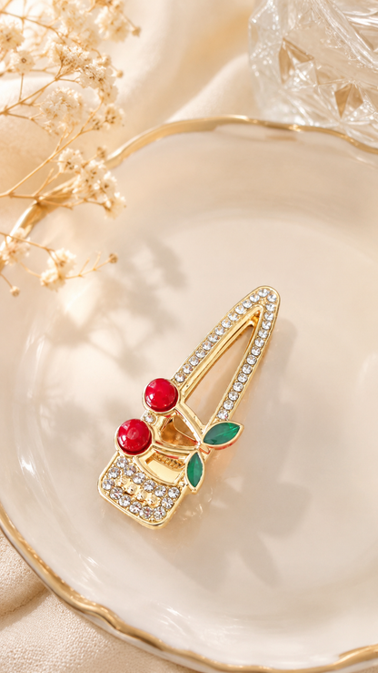 Gold Tone Rhinestone Cherry Hair Clip Set – Stylish Hair Accessories