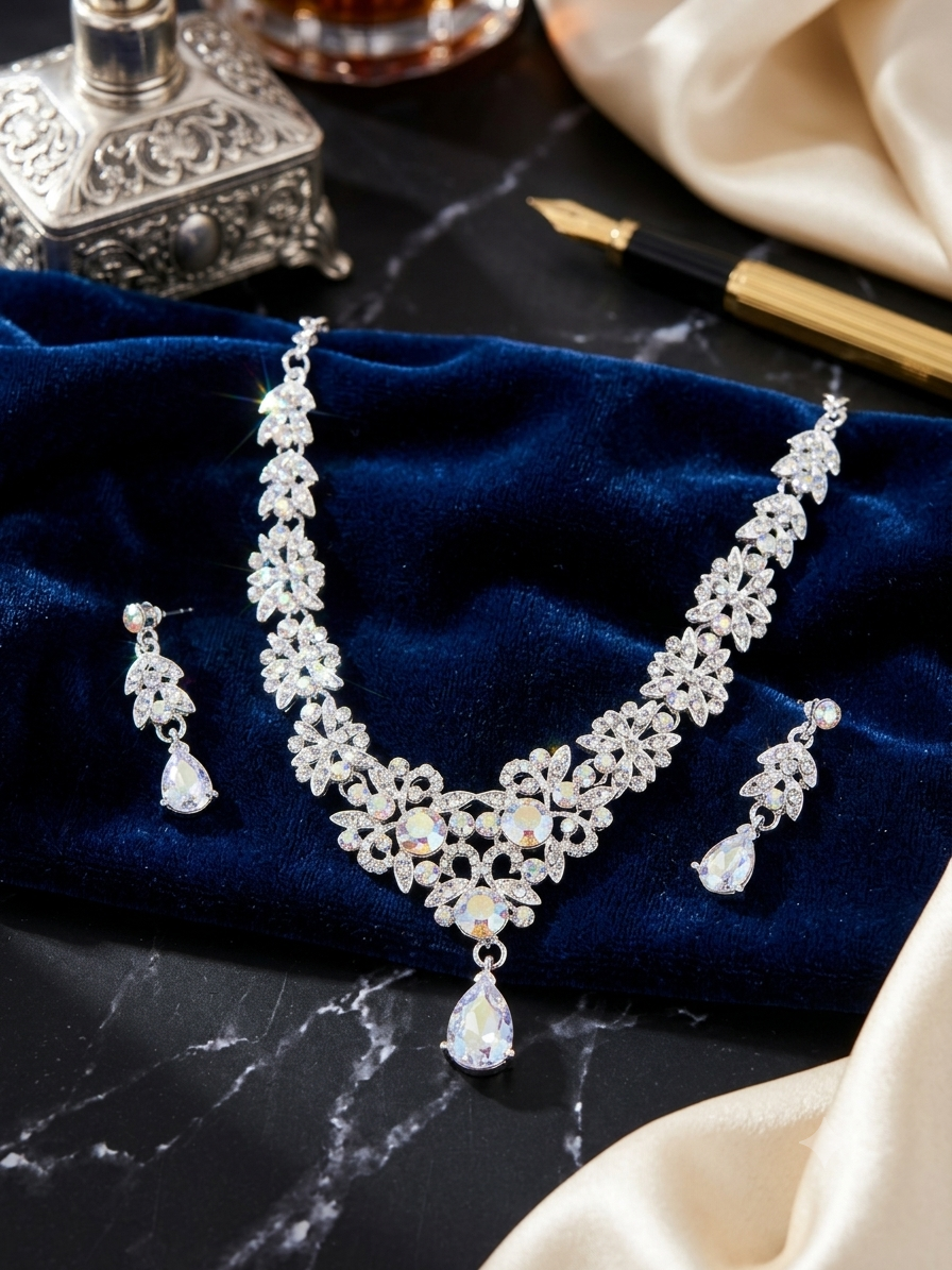 Luxury Crystal Bridal Jewelry Set with Tiara Crown, Necklace & Earrings – Silver Rhinestone Wedding Accessories