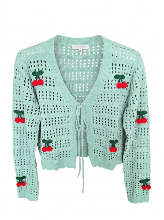 Cottagecore 3D Cherry Knit Open-Front Cardigan