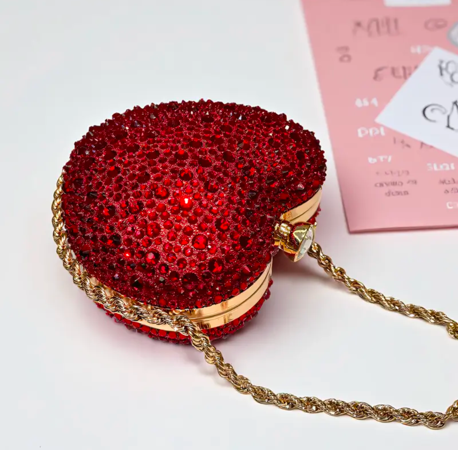 Sparkly Heart-Shaped Crystal Clutch – Red Rhinestone Evening Bag with Gold Chain
