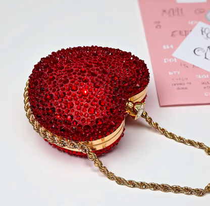 Sparkly Heart-Shaped Crystal Clutch – Red Rhinestone Evening Bag with Gold Chain