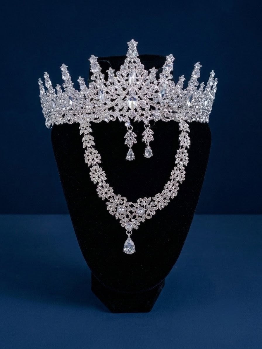 Luxury Crystal Bridal Jewelry Set with Tiara Crown, Necklace & Earrings – Silver Rhinestone Wedding Accessories