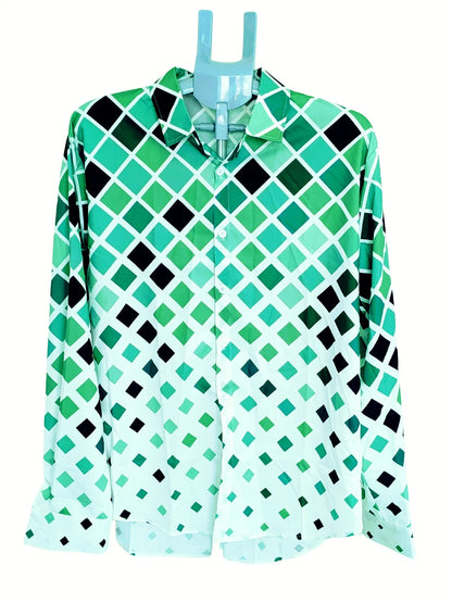 Men’s Green Geometric Print Button-Up Shirt – Long Sleeve Collared Casual & Smart Shirt - RizQ Life 