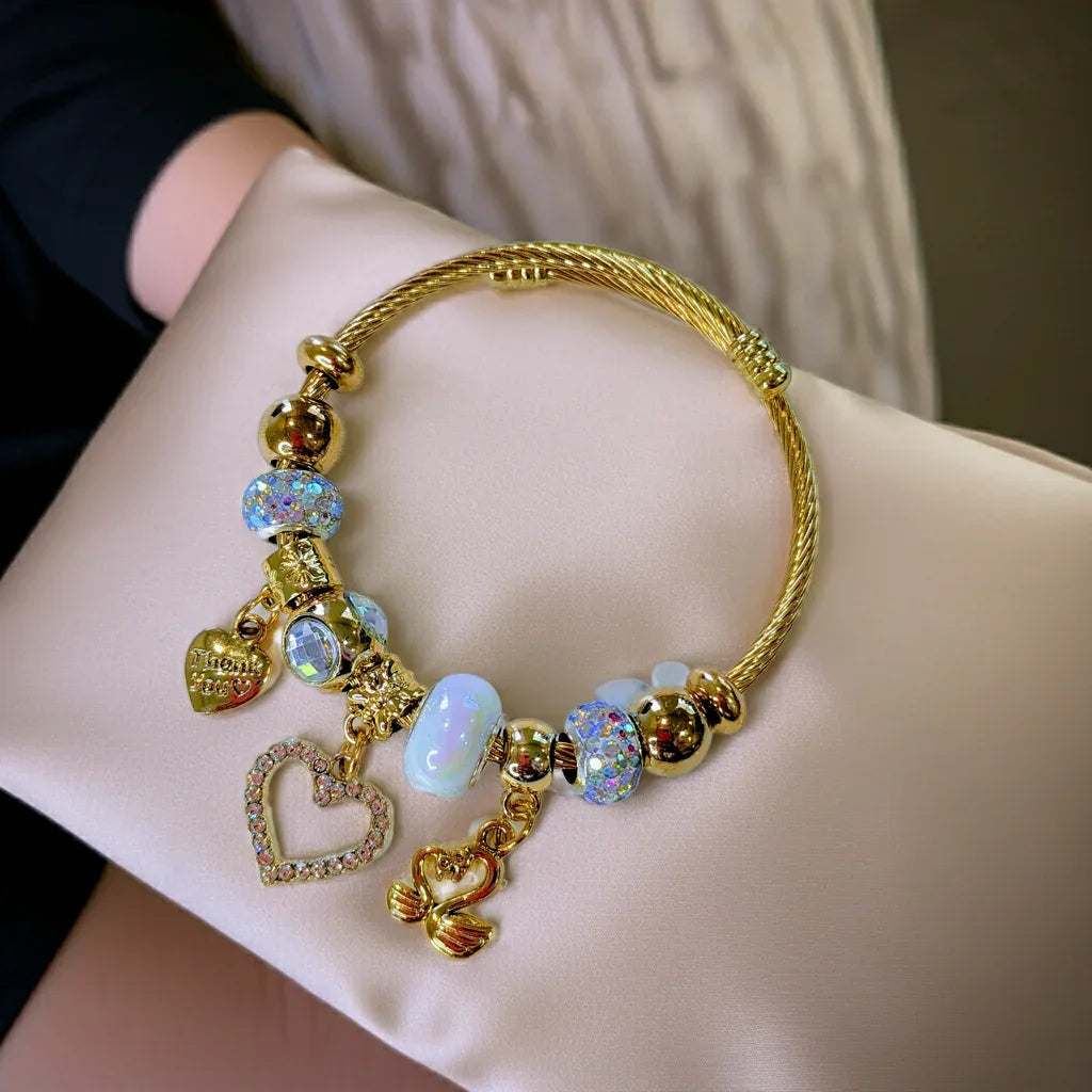 18k Gold Plated Eternal Heart & Swan Charm Bangle – Crystal Pavé Edition
